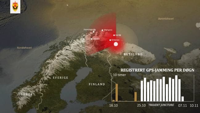 A map provided by Norway’s intelligence service showing the source and intensity of GPS jamming signals. Picture: Norway Defence MinistrySource:Supplied