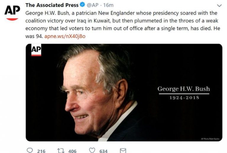 After Criticism, AP Deletes Tweet Bashing President George H.W. Bush