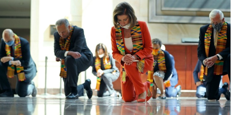 Pelosi Kneels Before BLM Wearing Scarf Honoring Slavery