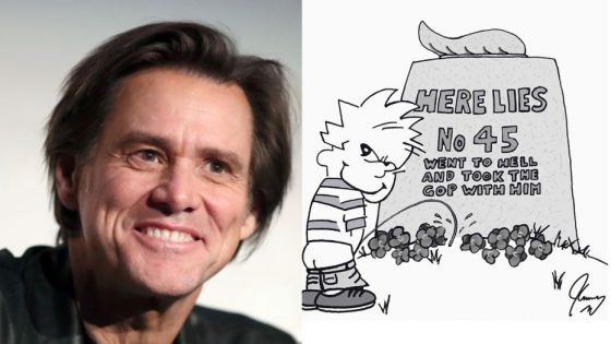 Jim Carrey Draws ‘Calvin and Hobbes’ Character Whizzing On Trump’s Grave